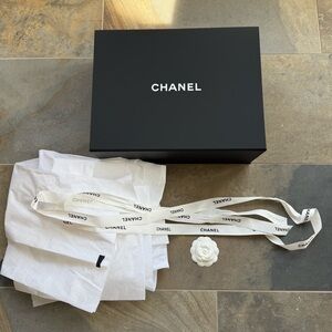 Chanel Empty Magnetic Box, Chanel long ribbon with camellia flower, Chanel paper